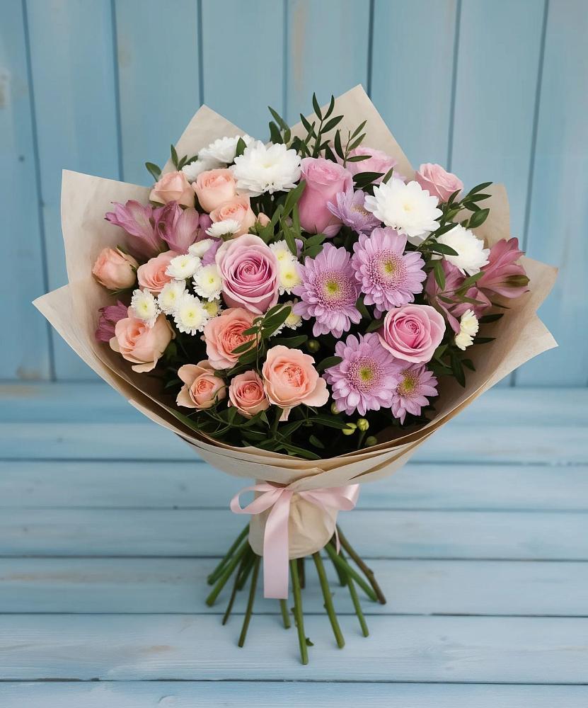 Букет цветов из: Хризантемы, Розы и Альстромерии в Щелкино