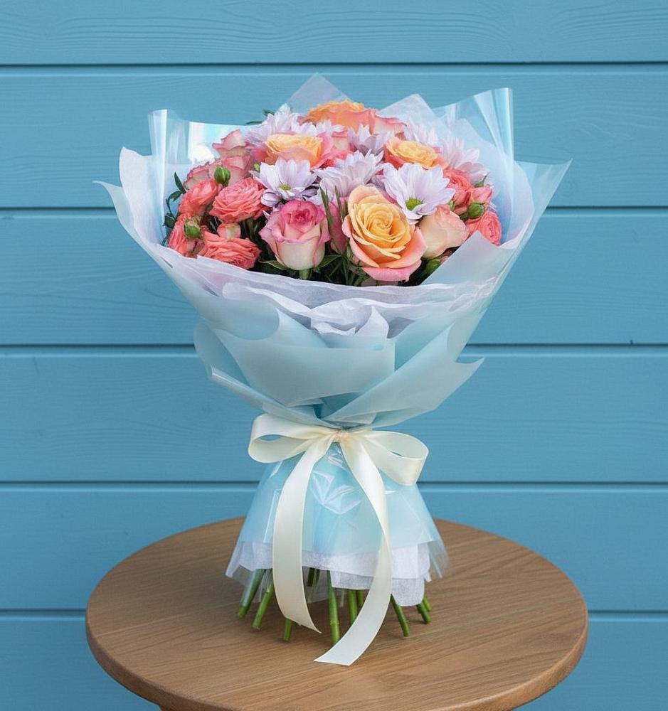 Букет цветов из: Хризантемы и Розы в Щелкино