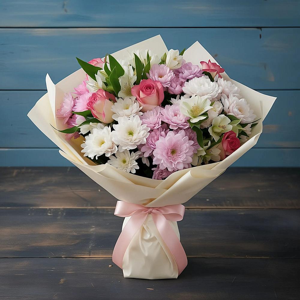 Букет цветов из: Хризантемы, Альстромерии и Розы в Щелкино